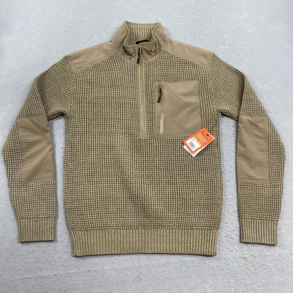 Bass Outdoor Sweater Mens Small Beige 1/4 Zip Pullover Pockets